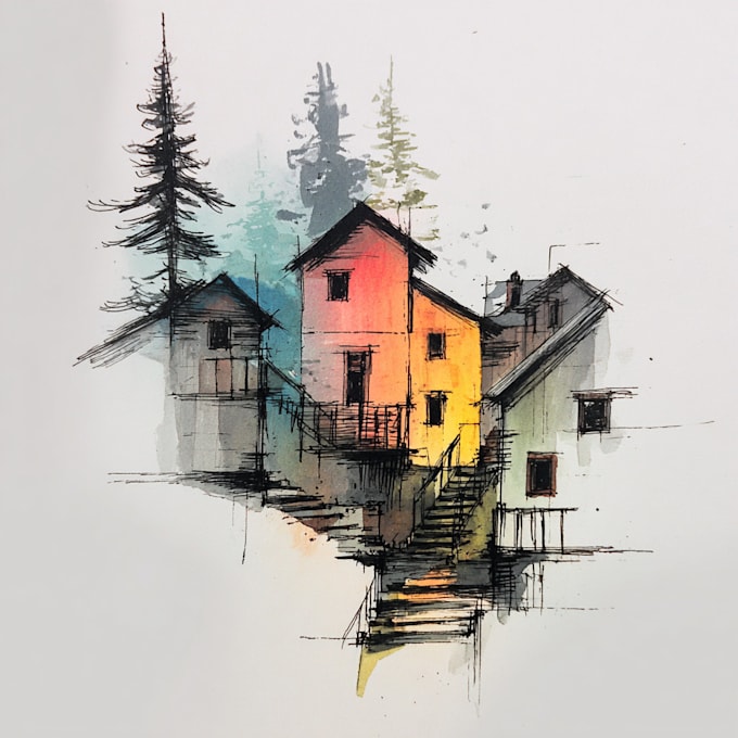 Hand draw landscape sketch watercolor and ink by Xeolihopper | Fiverr