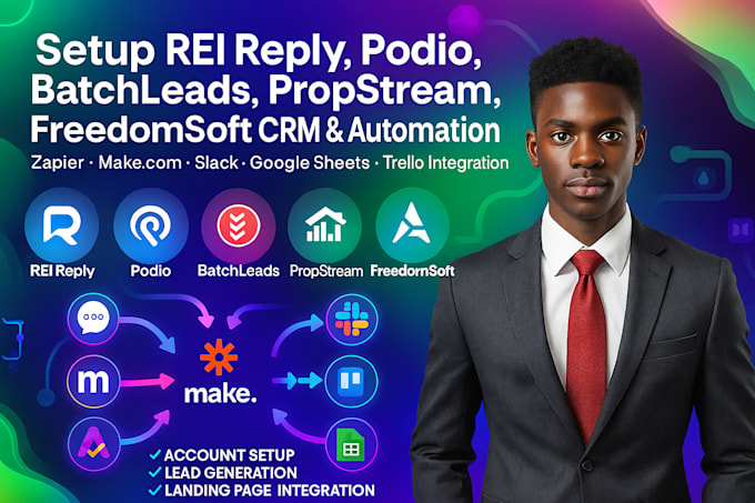 setup rei reply, podio, batchleads, propstream, freedomsoft CRM, zapier make com