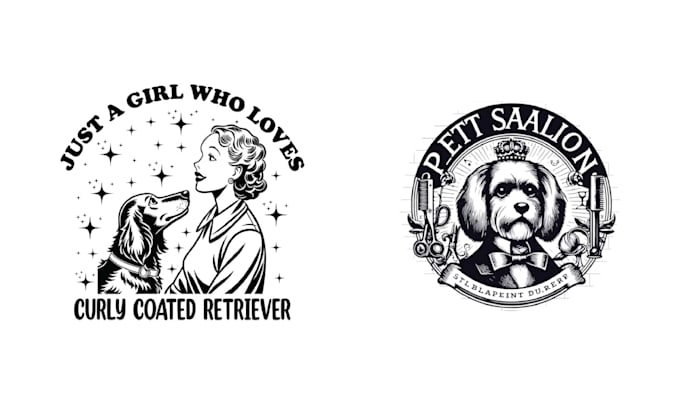 create retro hand drawn silhouette dog  pet grooming logo