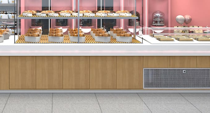 renovate modern bakery interior,counter elevation, grocery display,d5 light plan