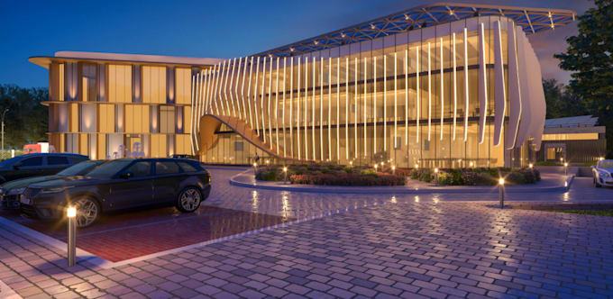 redesign 3d commercial building, cgi exterior, parking layout, urban development