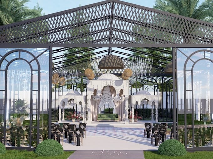 remodel canopy weeding event design, party hall, main event space, cgi rendering
