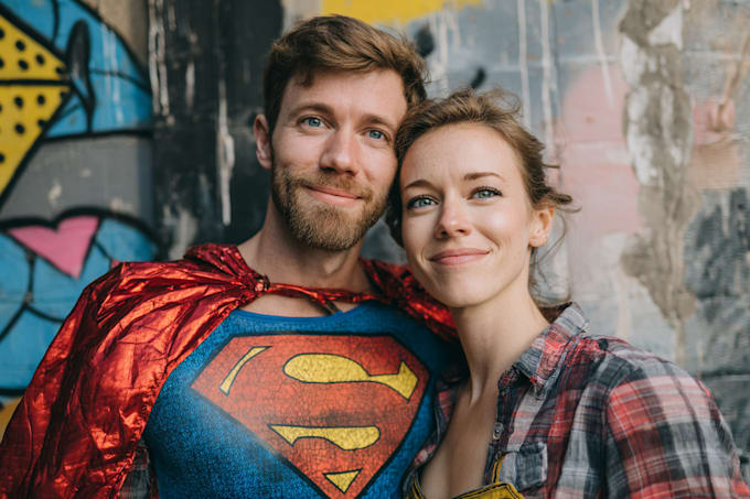 make watercolor super hero couple portrait