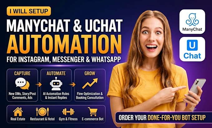 setup manychat chatbot automation facebook,instagram,whatsapp,tiktok