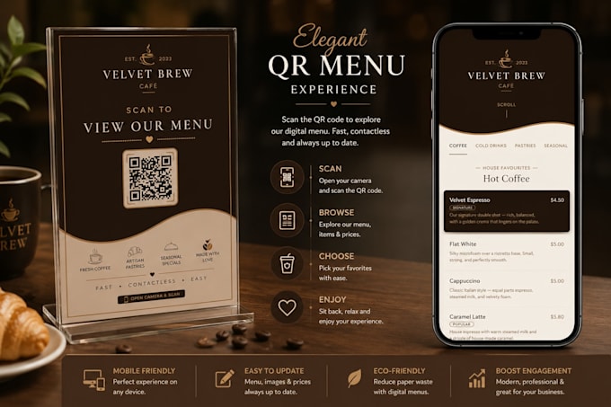 design branded qr code invitations, tags, and menu