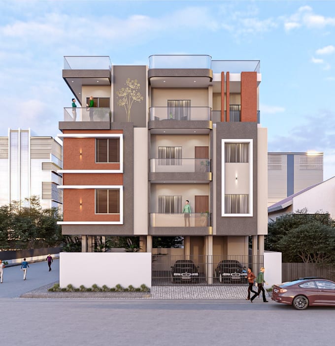 visualize full 3d building,front facade,render elevation plan, sketchup interior