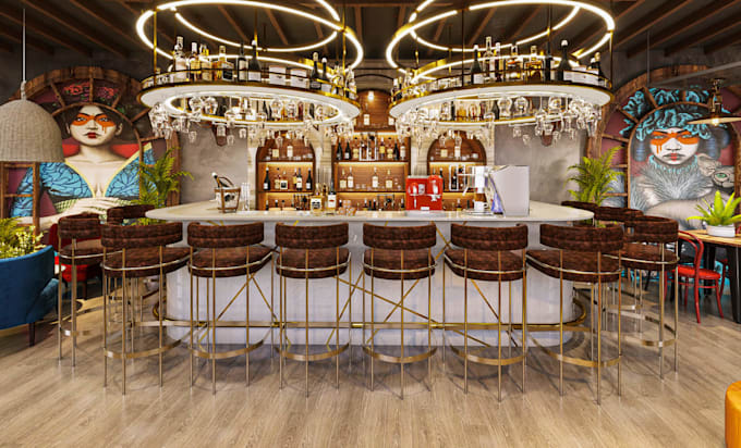 3d restaurant interior, 3d cafe design, luxury bar, kitchen layout, kiosk render