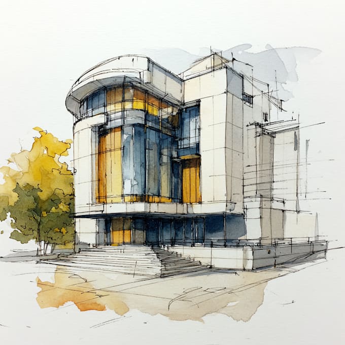 sketch architecture building with watercolor rendering