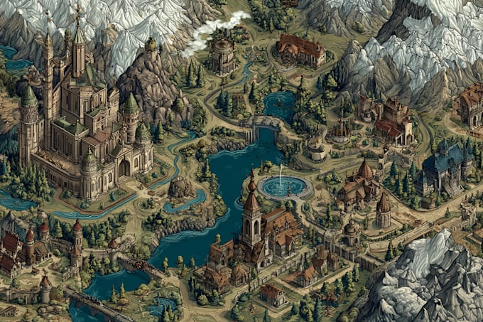 draw 2d rpg fantasy map, landscape, dndart map design