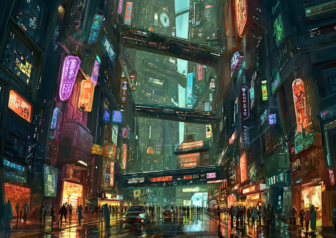 Draw a futuristic cyberpunk city for you by Rosekinner | Fiverr