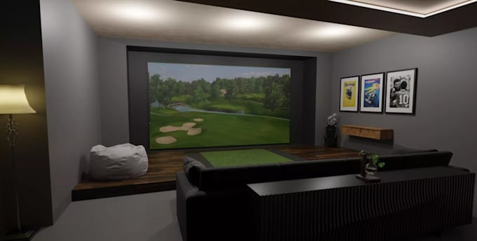 build 3d golf simulator room,virtual golf setup,sport center interior,cgi arena
