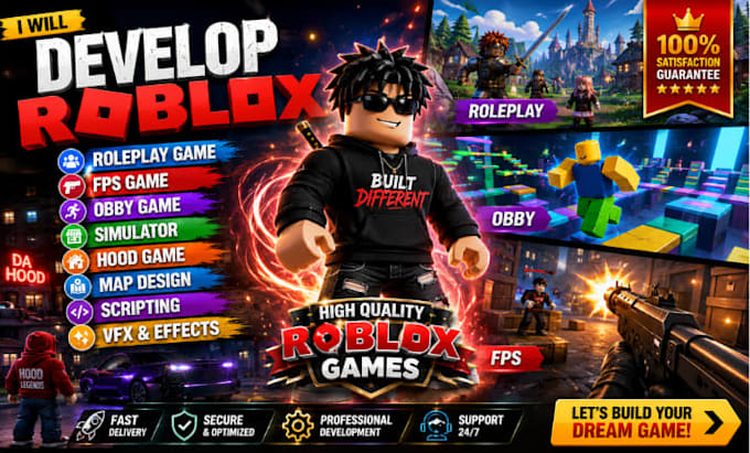 develop roleplay game,fps,obby roblox,simulator,roblox hood game,map,script,vfx
