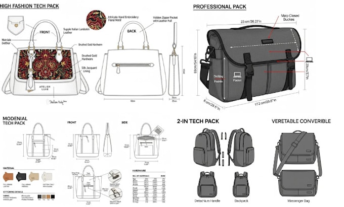create professional bag tech packs with detailed specifications sheet