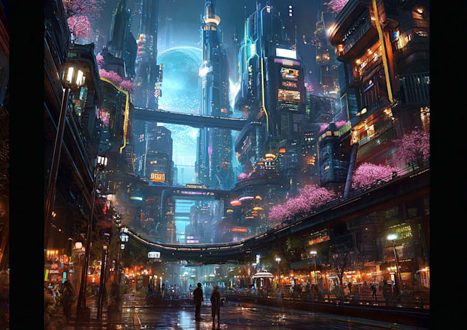 design a cyberpunk futuristic city art