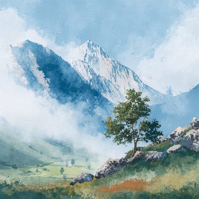 create a hand drawn watercolor landscape illustration