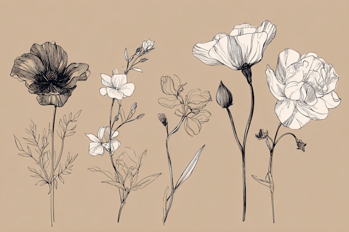 create plant, flowers line art vector