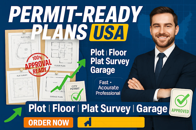 design plot plan, floor plan, plat survey plan and garage plan for permit in USA