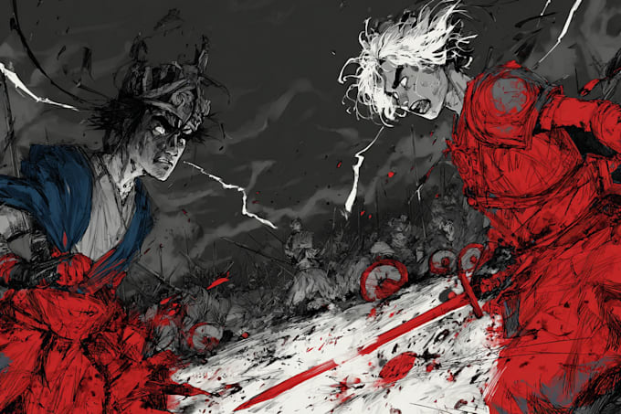 draw characters fighting in dark manga style