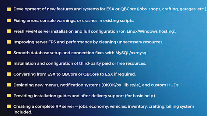 create custom fivem scripts, esx, qbcore, server setup and optimization