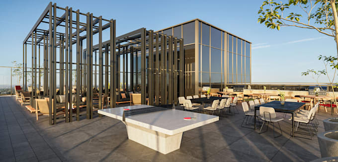 redesign 3d outdoor cafe, restaurant rooftop terrace design, exterior rendering