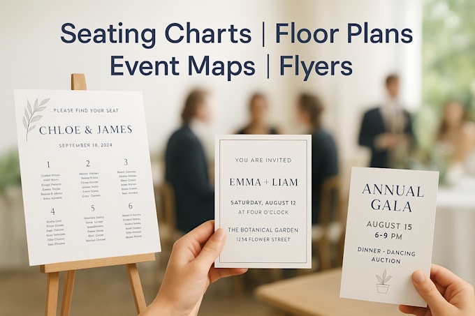 design seating charts, floor plans, event maps, flyers and invitations