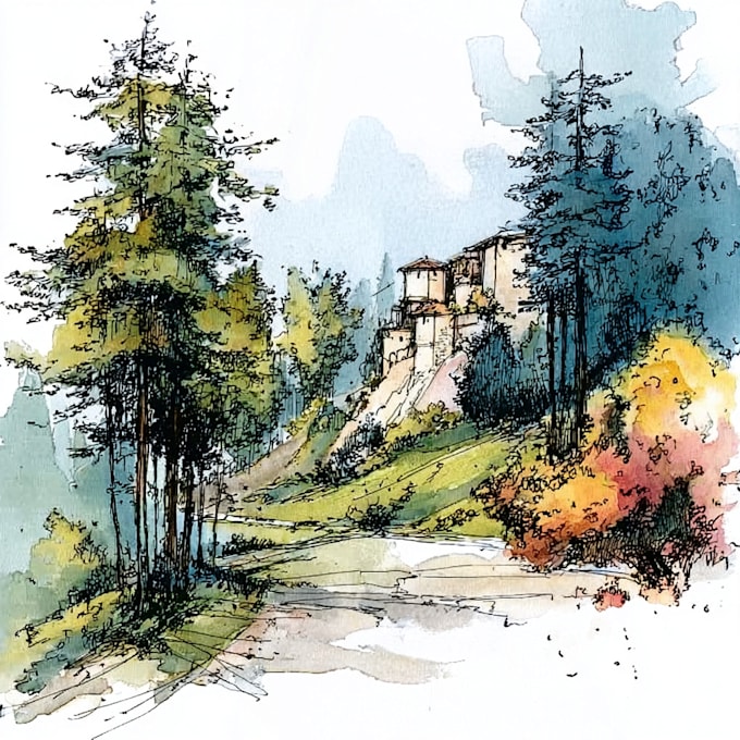 Hand draw landscape sketch watercolor and ink by Skusaks | Fiverr