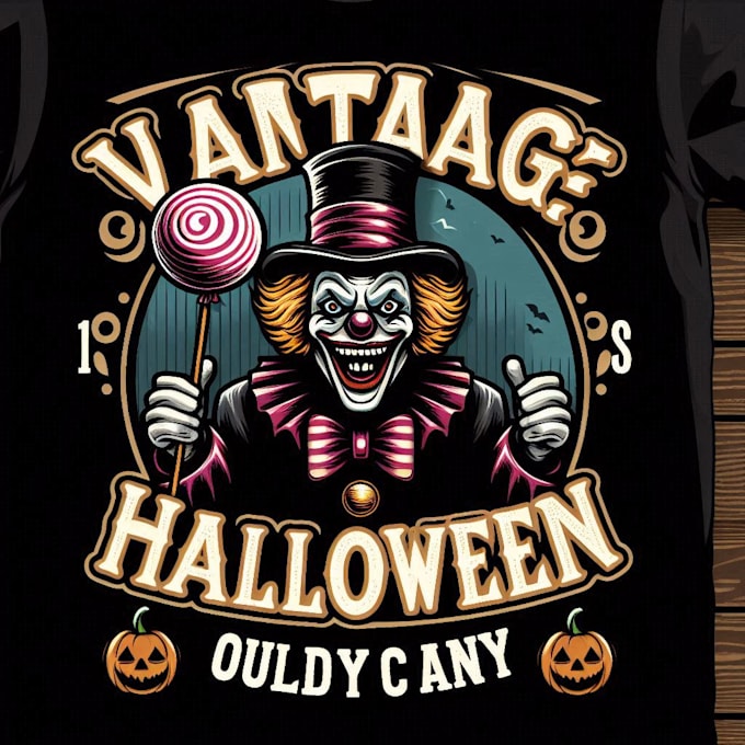 make a vintage halloween tal outdoor candy clown logo mascot  t shirt design