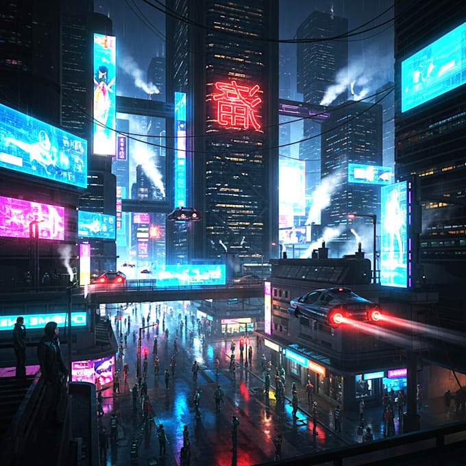 make a cyberpunk city style art any project for you