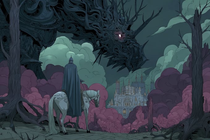 draw magic fantasy book illustrations in black and white