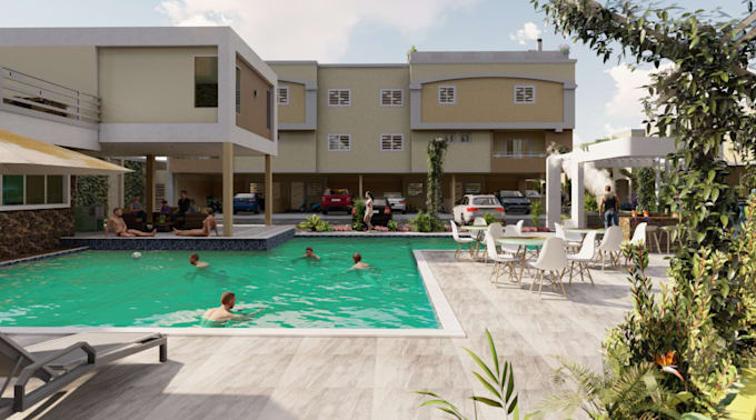 renovate exterior residence apartment,pool side render, patio space,driveway cad