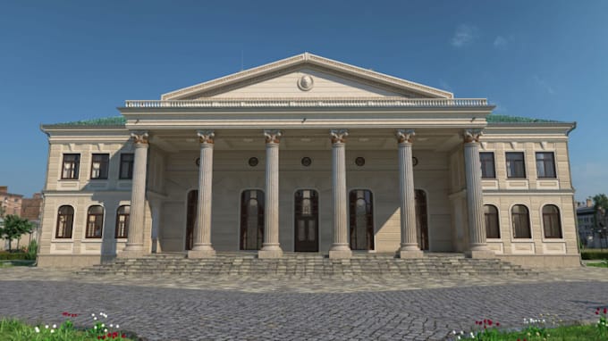 redesign 3d snowy temple,greek revival,pillared facade,historic house,cgi render