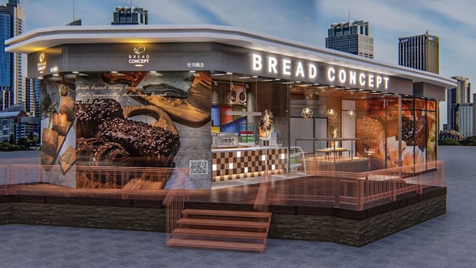 bakery renovation design,storefront exterior,cafe interior,street shop rendering