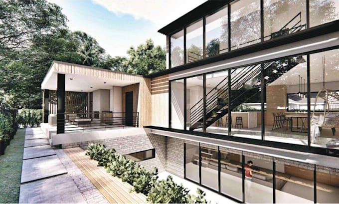 3d minimalist cozy apartment, facade exterior,3d elevation, cgi interior,hallway