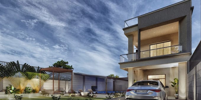 redesign 3d exterior layout, side pool, patio, rooftop, landscape, packing space