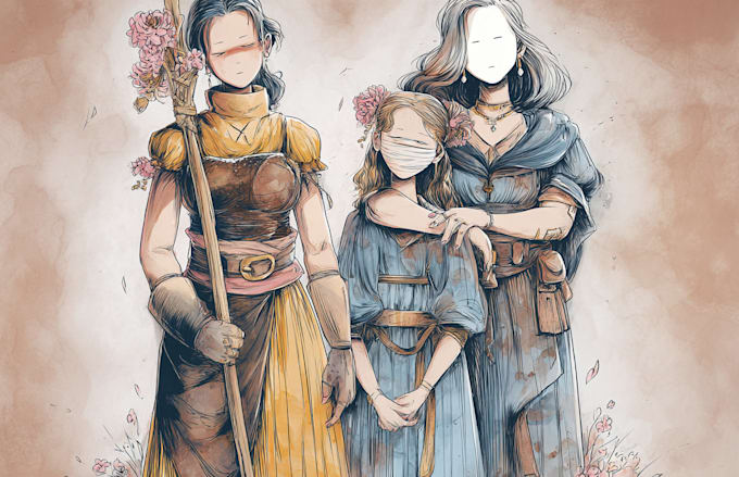 make a fantasy art, watercolor characters scenes