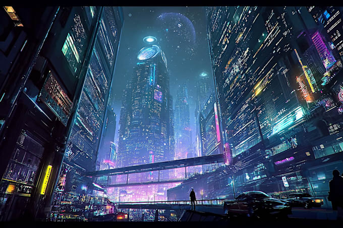 create a cyberpunk futuristic city illustration