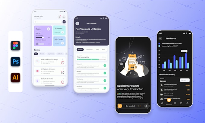 design user friendly ai, travel, finance, e commerce mobile app UI UX in figma
