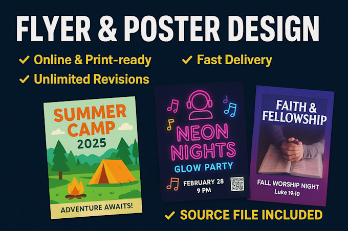 design creative and eye catching event, party,  summer camp, church event flyers