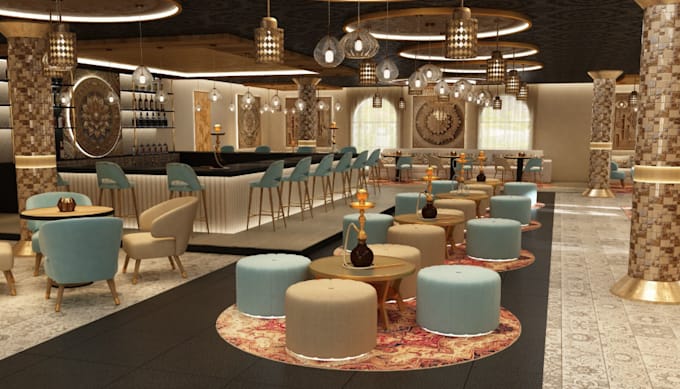 turn 2d cad to 3d restaurant modeling, render cafe shop, rooftop, bakery design