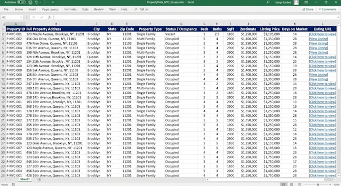 scrape real estate data from zillow, redfin, and realtor to excel