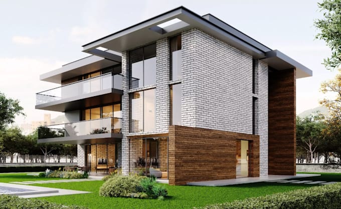 rebuild3d modern homes,casita design,duplex villa,front yard pool,balcony render