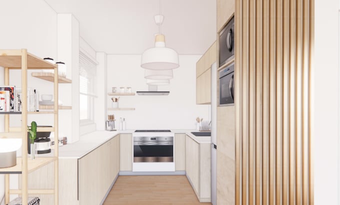 design a modern kitchen or bathroom with  3d renders