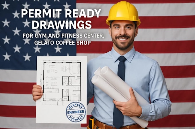 permit ready drawings for gym and fitness center, gelato coffee shop with stamp