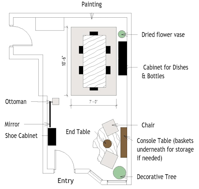 create a functional furniture layout and space planning for 1 room