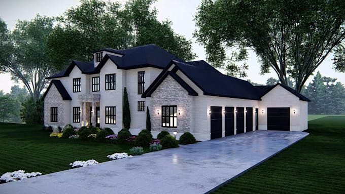 construct real estate house in3d,facade concrete cladding,terrace,vray rendering