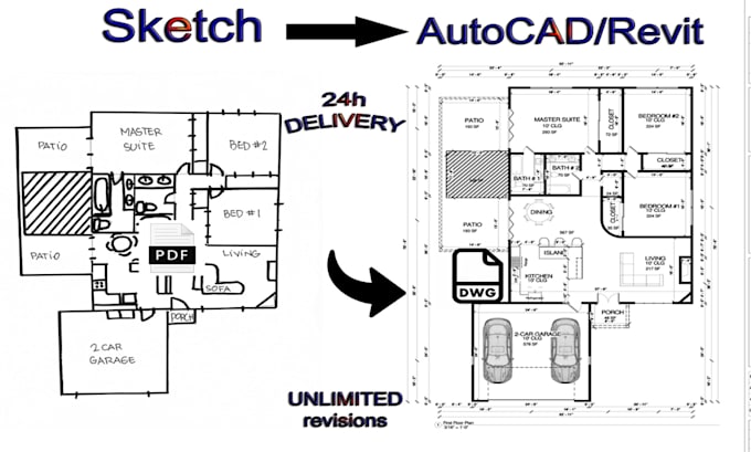 redraw 2d floor plans from sketch,  image, or pdf to autocad dwg, dxf, and dwf