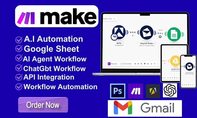 automate make com with google sheets, API integration and ai workflows