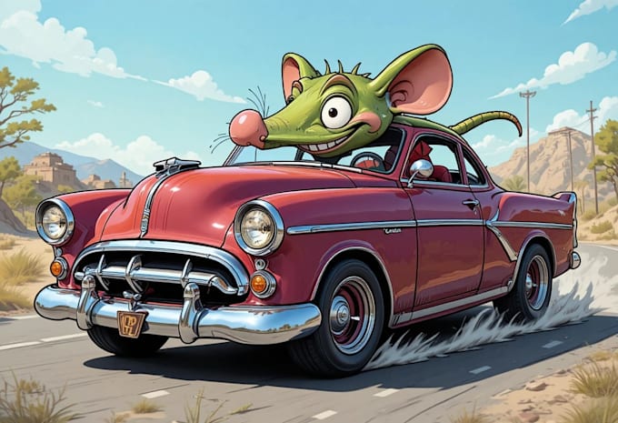 create illustration cartoon car rat fink style