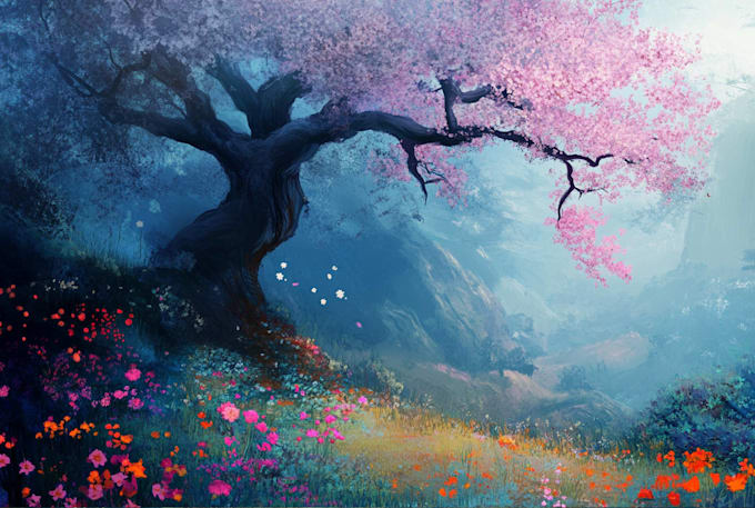 create a fantasy landscape, background illustration
