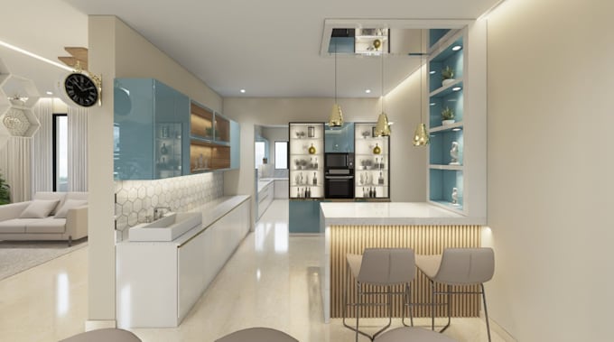 Redesign kitchen interior,dinning render,living room entrance,furniture ...